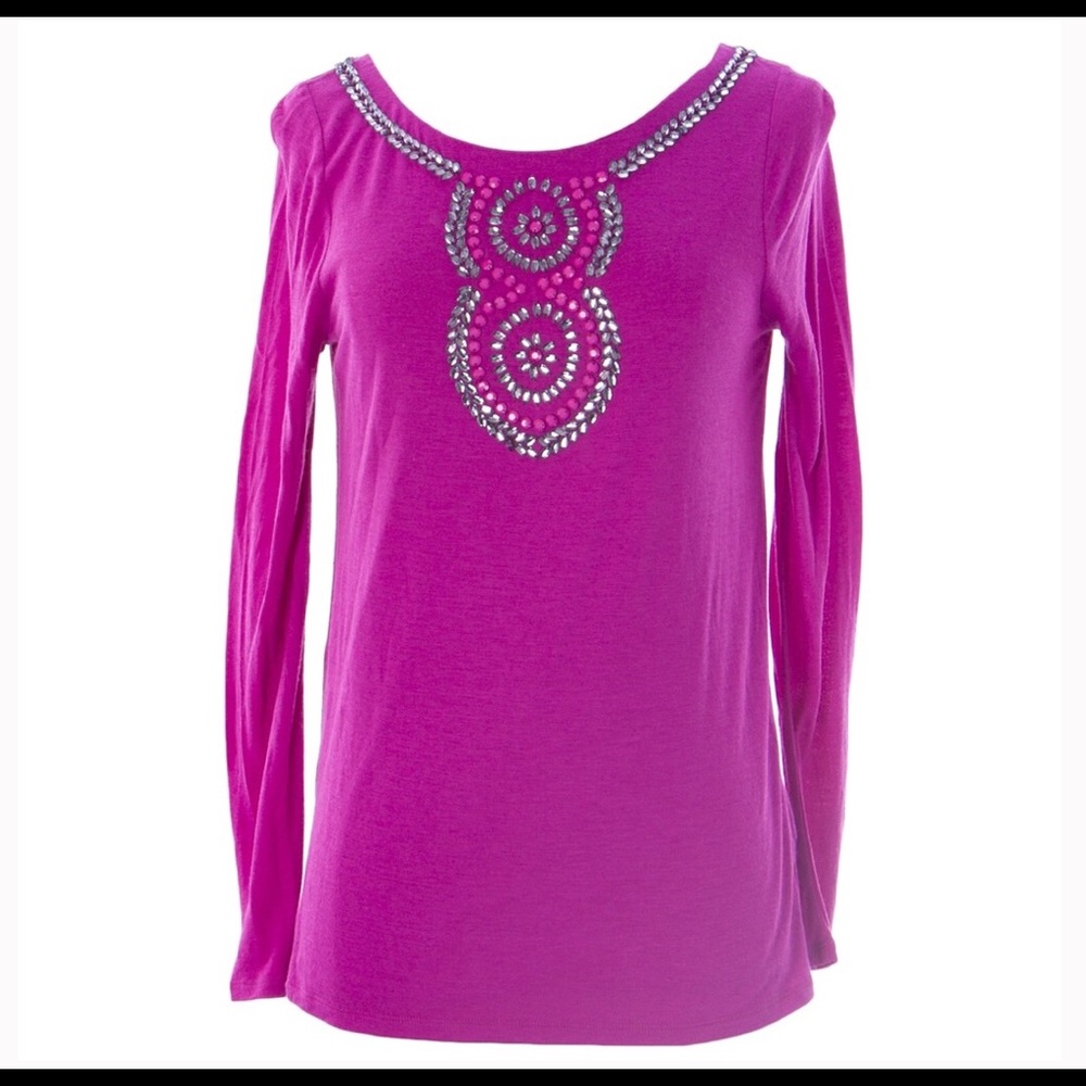 Boden • Pink Jeweled Long Sleeve Scoop Neck Top, 10